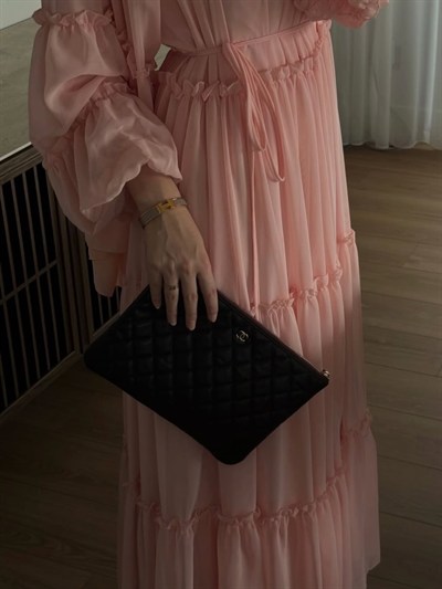 Bağcık Detaylı Fırfırlı Şifon Elbise - Pembe