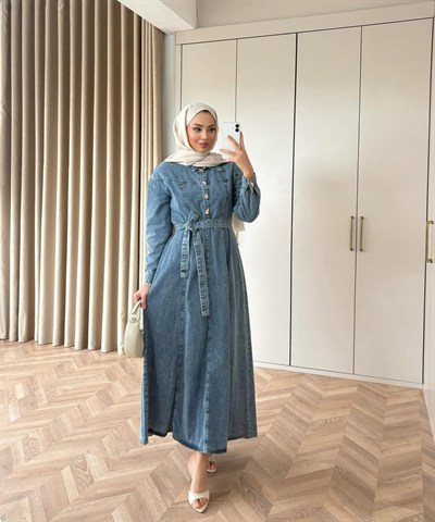 Belden Bağlamalı Yaka Pat Detaylı Denim Elbise - Mavi