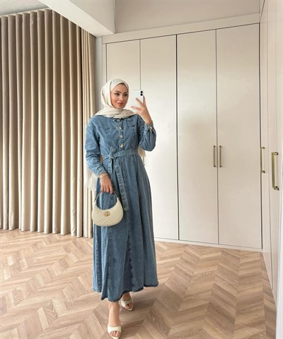 Belden Bağlamalı Yaka Pat Detaylı Denim Elbise - Mavi