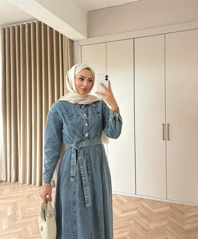 Belden Bağlamalı Yaka Pat Detaylı Denim Elbise - Mavi