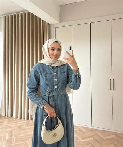 Belden Bağlamalı Yaka Pat Detaylı Denim Elbise - Mavi