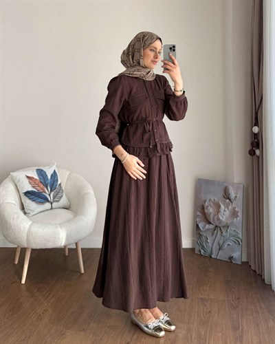 Dantel Detaylı Gömlekli Etekli Takım M25191 - Kahverengi