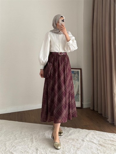 Desenli ve Kemerli Şifon Etek - Bordo