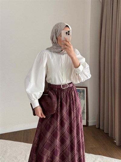 Desenli ve Kemerli Şifon Etek - Bordo