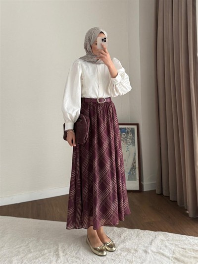 Desenli ve Kemerli Şifon Etek - Bordo