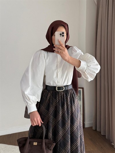 Desenli ve Kemerli Şifon Etek - Koyu Kahverengi