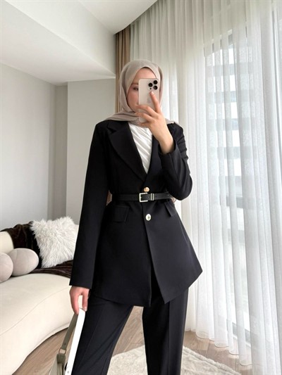 Double Kumaş Kemerli Ceket ve Pantolon Takım - Siyah