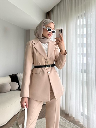 Double Kumaş Kemerli Ceket ve Pantolon Takım - Bej