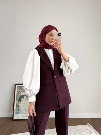 Double Kumaş Tek Düğme Yelek ve Pantolon Takım - Mürdüm