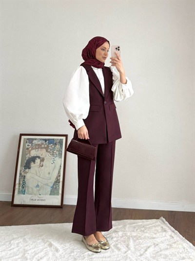 Double Kumaş Tek Düğme Yelek ve Pantolon Takım - Mürdüm