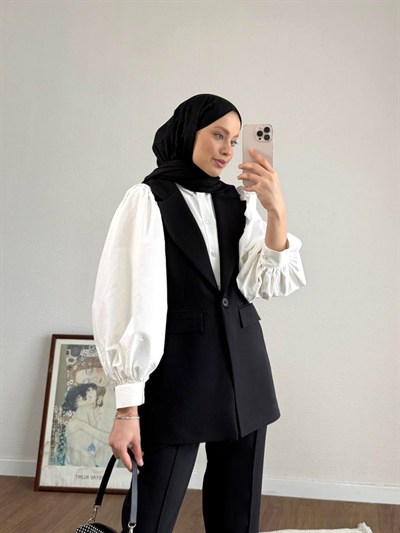Double Kumaş Tek Düğme Yelek ve Pantolon Takım - Siyah