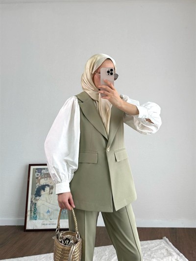 Double Kumaş Tek Düğme Yelek ve Pantolon Takım - Yeşil