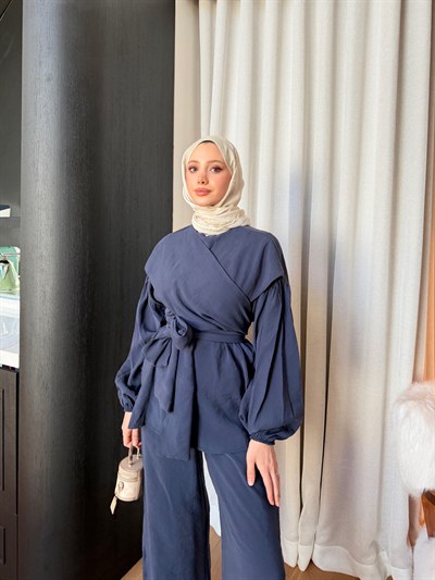 Kadın Bağlamalı Pantolonlu Modal Takım M41648 - Lacivert