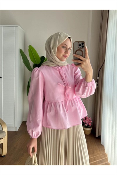 Kadın Balon Kol Etek Üstü Gömlek M1111 - Pembe