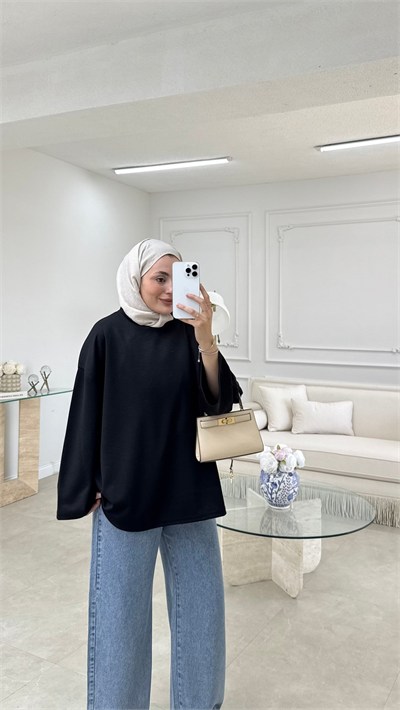 Kadın Basic Sweatshirt Tunik M52419- Siyah