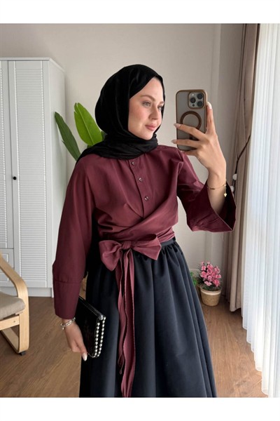 Kadın Bel Bağlamalı Kuşaklı Etek Üstü Gömlek M202 - Bordo