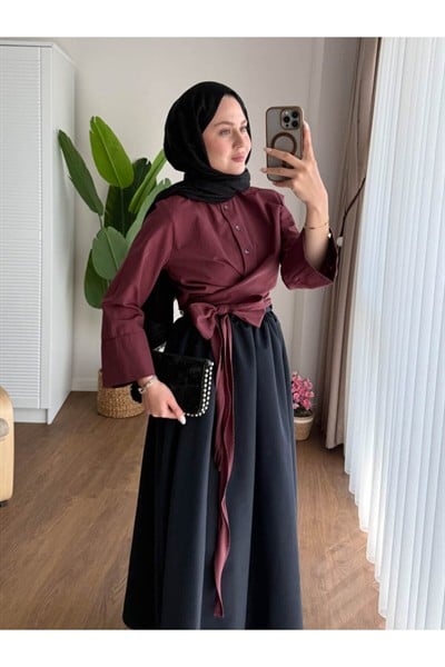 Kadın Bel Bağlamalı Kuşaklı Etek Üstü Gömlek M202 - Bordo