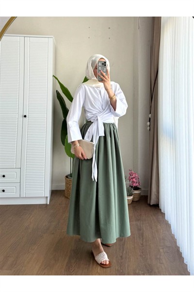 Kadın Bel Bağlamalı Kuşaklı Etek Üstü Gömlek M202 - Beyaz