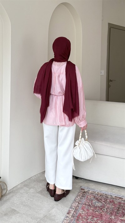 Kadın Bel Bağlamalı Tesettür Gömlek M1980 - Pembe