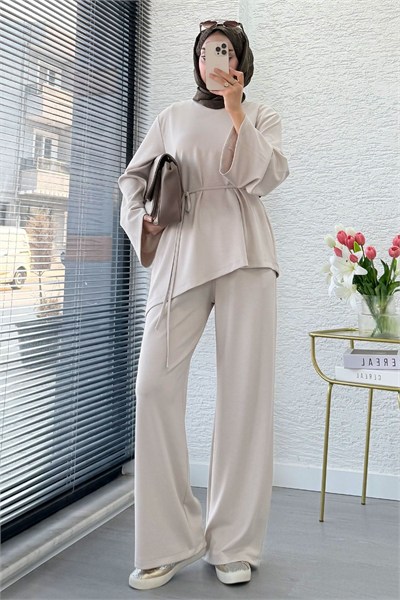 Kadın Belden Bağlamalı Asimetrik Pantolonlu İkili Takım M26173 - Taş