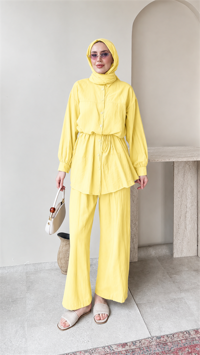 Kadın Belden Bağlamalı Tunik Pantolon Takım M6034 - Sarı