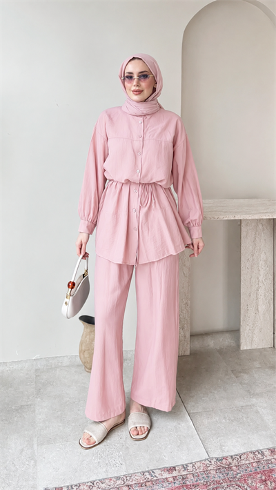 Kadın Belden Bağlamalı Tunik Pantolon Takım M6034 - Pembe