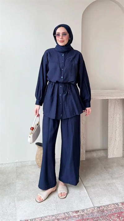 Kadın Belden Bağlamalı Tunik Pantolon Takım M6034 - Lacivert