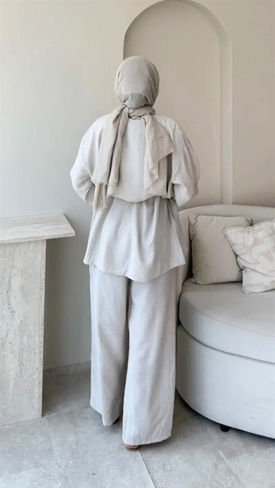 Kadın Belden Bağlamalı Tunik Pantolon Takım M6034 - Taş