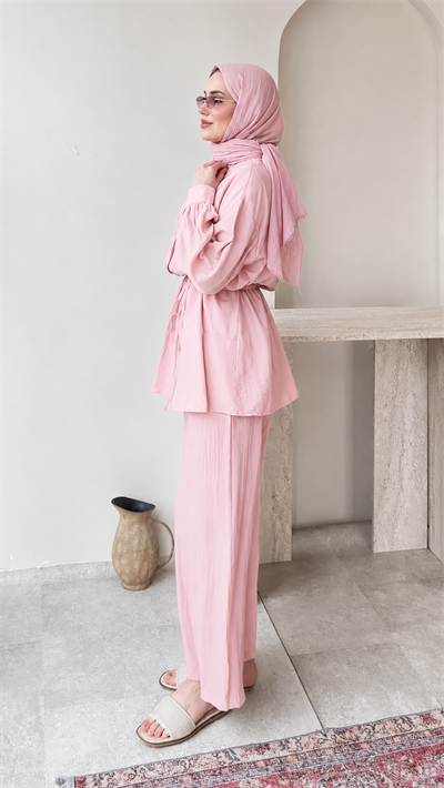 Kadın Belden Bağlamalı Tunik Pantolon Takım M6034 - Pembe