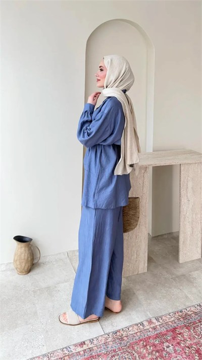Kadın Belden Bağlamalı Tunik Pantolon Takım M6034 - Mavi