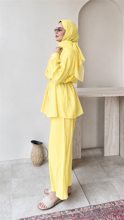 Kadın Belden Bağlamalı Tunik Pantolon Takım M6034 - Sarı