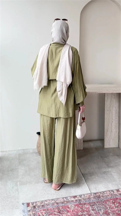 Kadın Belden Bağlamalı Tunik Pantolon Takım M6034 - Yeşil
