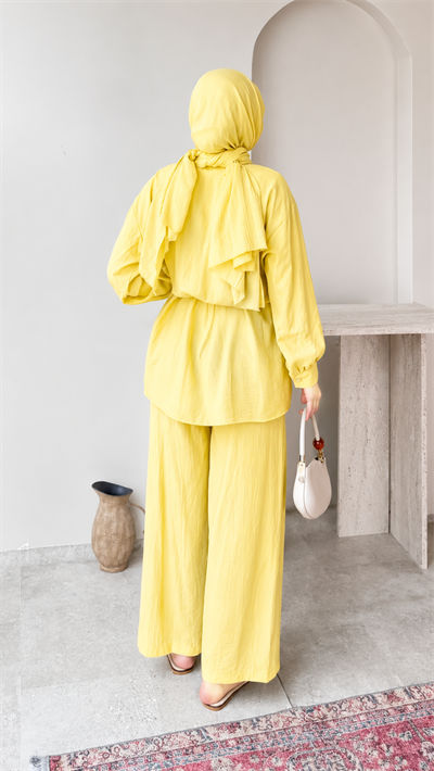 Kadın Belden Bağlamalı Tunik Pantolon Takım M6034 - Sarı