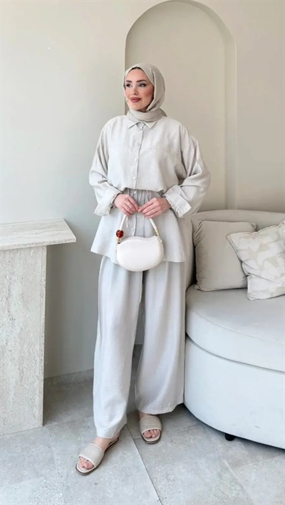 Kadın Belden Bağlamalı Tunik Pantolon Takım M6034 - Taş