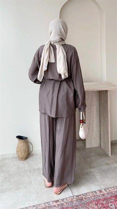 Kadın Belden Bağlamalı Tunik Pantolon Takım M6034 - Vizon