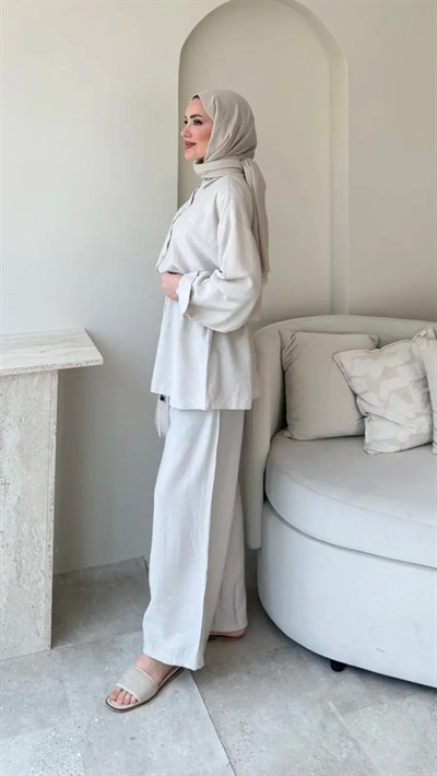 Kadın Belden Bağlamalı Tunik Pantolon Takım M6034 - Taş