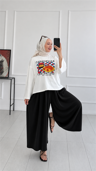 Kadın Beli Lastikli Bol Paça Dökümlü Pantolon - Siyah