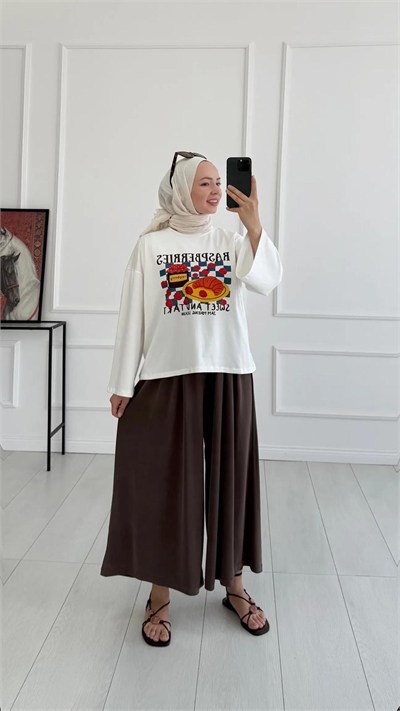 Kadın Beli Lastikli Bol Paça Dökümlü Pantolon - Kahverengi