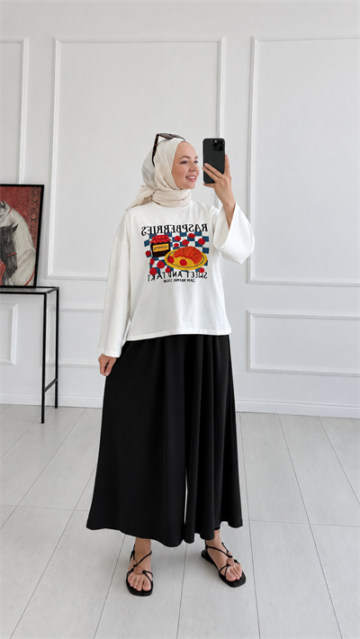 Kadın Beli Lastikli Bol Paça Dökümlü Pantolon - Siyah