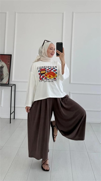 Kadın Beli Lastikli Bol Paça Dökümlü Pantolon - Kahverengi