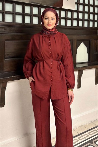 Kadın Birit Düğmeli Pantolon Takım M15807 - Bordo