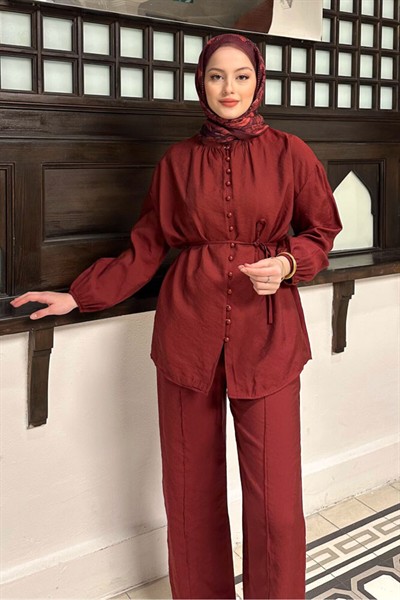 Kadın Birit Düğmeli Pantolon Takım M15807 - Bordo