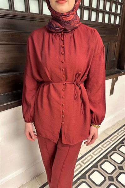 Kadın Birit Düğmeli Pantolon Takım M15807 - Bordo