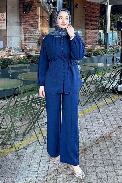 Kadın Birit Düğmeli Pantolon Takım M15807 - Lacivert