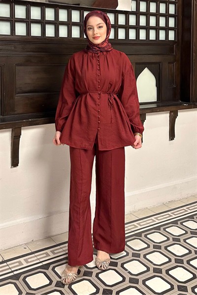 Kadın Birit Düğmeli Pantolon Takım M15807 - Bordo
