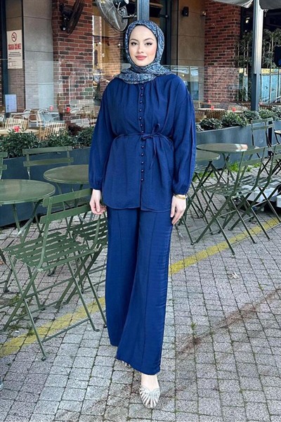 Kadın Birit Düğmeli Pantolon Takım M15807 - Lacivert