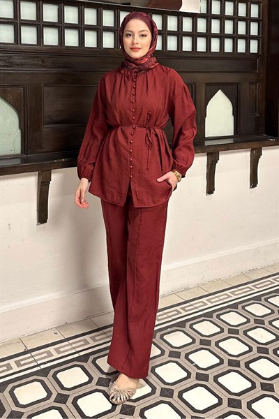 Kadın Birit Düğmeli Pantolon Takım M15807 - Bordo
