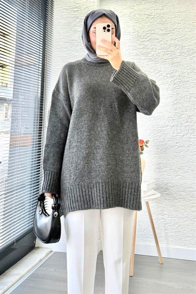 Kadın Bisiklet Yaka Oversize Kazak - Antrasit