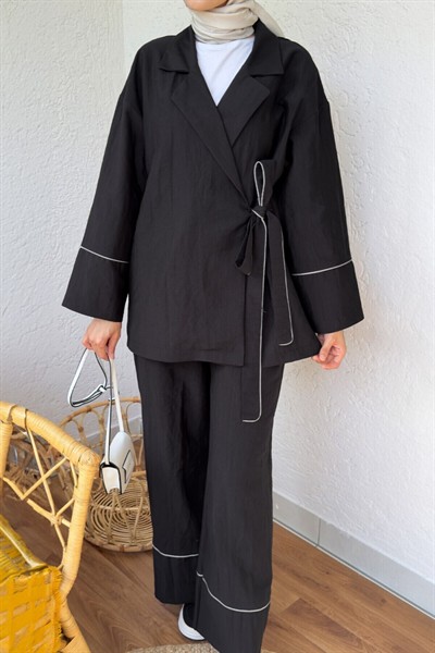 Kadın Biye Detaylı Yandan Bağlamalı Alt Üst Pantolon Ve Kimono Takım Siyah