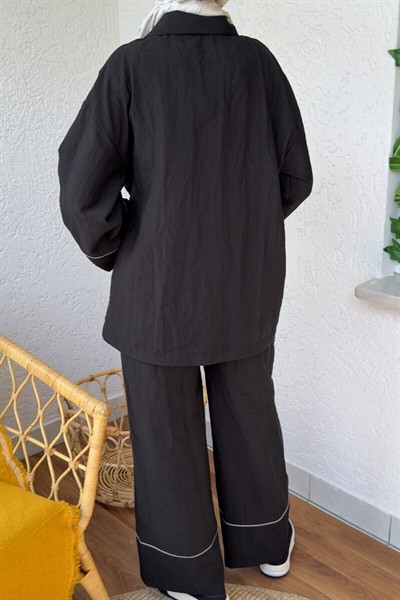 Kadın Biye Detaylı Yandan Bağlamalı Alt Üst Pantolon Ve Kimono Takım Siyah